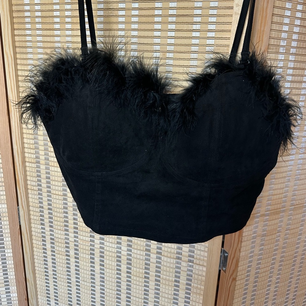 Klassy Network Black Suede Feather Accent Top